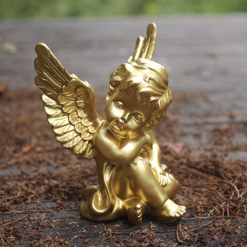 OwMell Set of 2 Cherubs Angels Resin Statue Figurine, Indoor Home Decoration, Adorable Angel Sculpture Memorial Statue 4" - Gold - Image 5